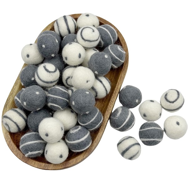 Felt Wool Balls 2.5cm 40pc Grey Polka Dots Swirl Felt