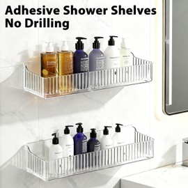 CQKEDMA Acrylic Shower Caddy Adhesive, 4 Pack No Drilling Clear Bathroom Organizer Wall Shelf with Soap & Toothbrush Holder, Strong Stick for Shower Shelves Bathroom Storage rack