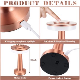 VIHOSE Set of 8 LED Portable Cordless Table Lamp with Touch Sensor 3 Color Stepless Dimming Rechargeable Battery up to 15 Hours Cordless Lamp Table Light Wireless Lamp for Nursery(Rose Gold)