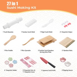 Beegofly Sushi Making Kit, 27-In-1 Sushi Bazooka Roller Set, Includes Japanese Sashimi Sushi Bamboo Serving Geta Plate,Sushi Knife And More, Diy Sushi Gift - Perfect For Beginners
