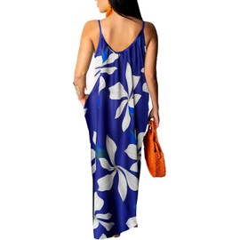 Women's Vacation Style Spaghetti Straps Deep V - Neck Maxi Dress with Pockets and Blue Floral Print Beach Vacation Date Night -23 XX-Large