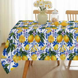 SASTYBALE Summer Lemon Tablecloth Rectangle 60 x 120 Inch Vintage Mediterranean Tile Italian Waterproof Oil Proof Yellow Lemons Table Cloth, Heavy Table Cover for Party, Dining, Indoor, Outdoor, Blue