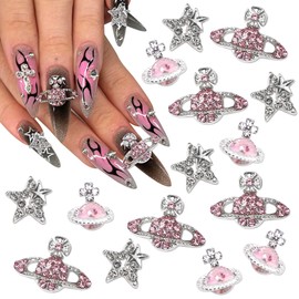 YAEISM 15PCS Star Nail Charms 3D Alloy Planet Nail Charms Crystal Pink Nail Gems and Rhinestones for Nail Art and DIY Crafting Jewelry Making