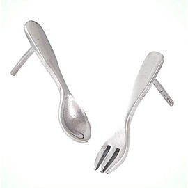 Silverware Spoon Fork Eating Silver Food Utensils Stud Earrings For Women Crystal Fashion Jewelry