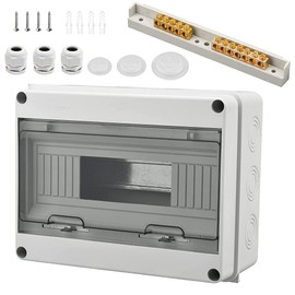 Surface-Mounted Fuse Box, Distributor IP65-1 Row, 12 Modules, with 7 Terminals, 3 Connectors, Suitable for Outdoor Gardens, Farms, Charging Stations, Wet Rooms (12 Modules)