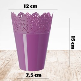 KADAX Lace Plastic Flower Pot, 9 Colours, Flower Pot with Lace Motif, Flower Pot Protector for Office, Pot, Garden Bowl, Flower Pot, Planter (Diameter 12 cm, High, Purple)