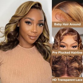 RMOARIWR 4/27 Highlight Bob Wig Human Hair 180% Density 13x4 HD Transparent Lace Front Body Wave Wigs Human Hair Pre Plucked Short Bob Glueless Wigs Human Hair for Women 10 Inch