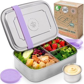 Everusely Bento Box - Stainless Steel Lunch Box with Leak-proof Spice Container - 3 Compartment Lunch Box for Office Meals - Freezer and Dishwasher Safe