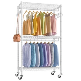 VIPEK R2 Medium Heavy Duty Clothes Rack Rolling Clothing Rack Adjustable Metal Wire Shelving Portable Closets with Double Hanging Rods, Side Hooks, Freestanding Closet Racks Wardrobe, White
