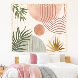 KOMLLEX Chic Abstract Tapestry 59Wx51H Boho Leaves Sun Arch Minimalist Mid Century Modern Orange Pink Wall Hanging Simple Botanical Geometric Neutral Home Decor Art for Living Room Bedroom Dorm