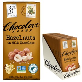 Chocolove Hazelnut Milk Chocolate Bars | 33% Cocoa | Roasted Oregon Hazelnut Bits | Crafted with Silky Smooth Belgian Chocolate | Non GMO, Rainforest Alliance Certified, 3.2oz Bar (12 Pack)