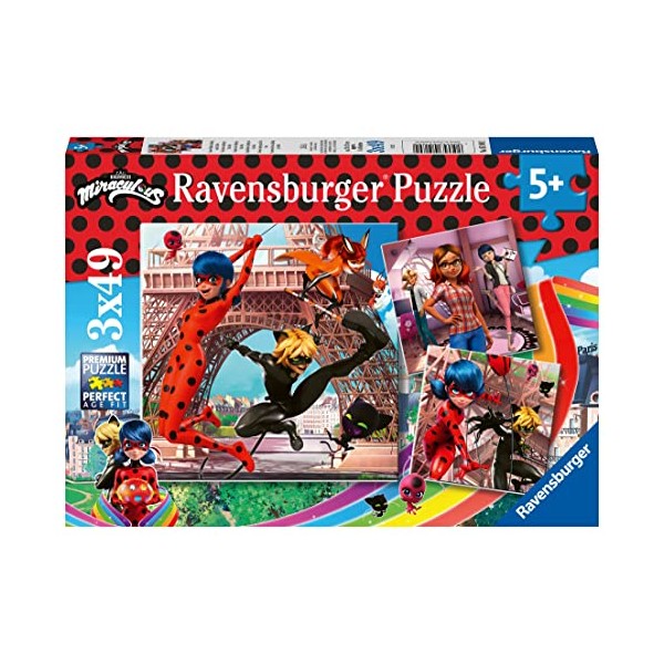 Ravensburger 5189 Miraculous : Tales of Ladybug & Cat Noir 3 x 49 Piece Jigsaw Puzzles for Kids Age 5 Years Up, Yellow