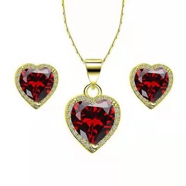 Paris Jewelry 14k Yellow Gold Heart 2 Ct Created Garnet CZ Full Set Necklace 18 inch Plated