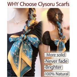 Clysoru Silk Head Scarf for Women Square Satin Double Sided Rectangle Tie Head Neck Waist Strip Scarves (59" x 5.9", Pencil Yellow blue vine)