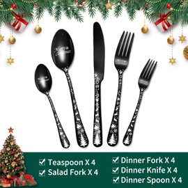 20-Piece Christmas Black Silverware Set, Stainless Steel Flatware Set Service for 4, Merry Christmas Printed Tableware Utensils Set, Tableware Cutlery Set for Home Restaurant, Dishwasher Safe