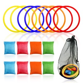 Set of 16 Toss Toys with 1 Black Mesh Bag, Set of Coloured Bean Bag Toss Rings Toss Games for Kids Birthday Party Indoor Outdoor Activities