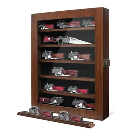 ASmileIndeep Pocket Knife Display Case 6 Row Military Knife Stand with HD Tempered Glass, Army Knife Box for Wall or Desk Display, Walnut