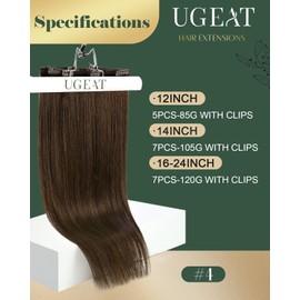 Ugeat Real Hair Extensions Dark Brown Clip 40 cm Remy Clip-In Extensions Real Hair 100 g, Clip-In, Thick Hair 7 Pieces, Clip On Extensions Real Hair Double Colour 4