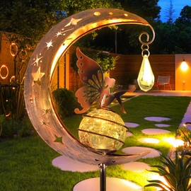 Solar Lights Outdoor Garden Moon Stake Lights IP55 Waterproof Fairy Lights Lawn Lamp Metal Butterfly Yard Lamp, Garden Solar Lights Ornaments for Garden Patio Path Yard Decor