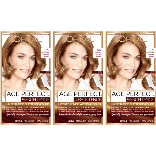 L'Oréal Paris Age Perfect Permanent Hair Color, 6N Light Soft Golden Brown, 3 count