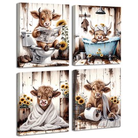 Framed Highland Cow Baby Canvas Wall Art,Highland Cow Bathroom Decor Wall Art,Funny Sunflower Cow Wall Prints Art Signs,Vintage Humor Animal Bathroom Pictures Artwork Home Decor Set of 4(8x10in)