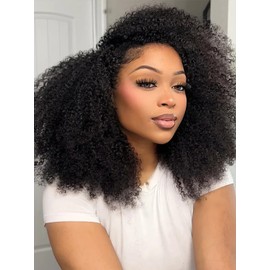 ISEE Afro Kinky Curly 3 In 1 Half Wig Glueless Wigs Human Hair Seamless Kinky Curly Flip Over Beginner Friendly Wear & Go Drawstring Band Clip in Wig Human Hair Black Color 18 Inch