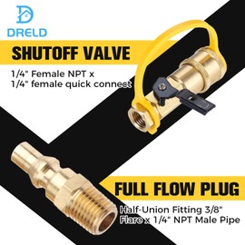 DRELD 1/4" RV Propane Natural Gas Quick Connect Adapter Kit, 1/4" Propane Gas Quick Connect Fittings Including Shutoff Valve and LP/Natural Gas Full Flow Male Plug for RV BBQ Grill Trailer Camp Stove