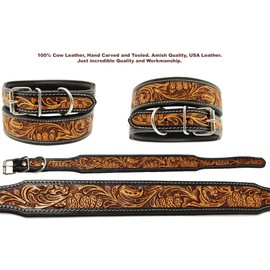 Heavy Duty Padded Leather Flower Tooled Cactus Dog Collar 60FK03
