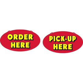 TAKE OUT RESTAURANT PICK UP AND ORDER HERE SIGN YELLOW ON RED OVALPLEXIGGLASS