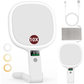 Alovely Travel Makeup Mirror with Light, Double Sided 10X Magnifying Mirror with Light, Rechargeable Portable Lighted Beauty Mirror, 3 Color Lighting Dimmable Touch Screen,Tabletop Handhold Hanging