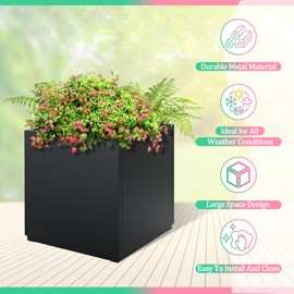 TUYOHW Metal Planter Box Outdoor Rectangular Planter, Large Planters for Outdoor Plants with Drainage Holes, All-Weather Use, 32''L×10''W×16.3''H, Black