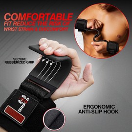 Grip Up Lifting Hook Straps 8mm Neoprene Padded Wrist Support Non-Slip Rubber Grip Deadlifts Powerlifting Chin-Ups Pull-Ups Fitness Training Ideal for Bodybuilding Workout for Men & Women GP8 (Black)