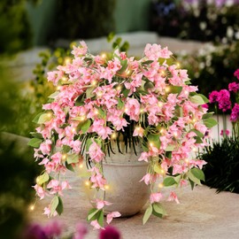 RECUTMS 4 Packs 29.5" Hanging Plants Outdoors with Light,Bougainvillea Artificial Flowers,Trailing for Outdoor Baskets (Pink)