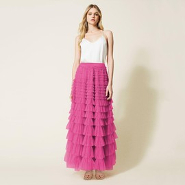 IMEKIS Women A Line High Waist Tiered Tulle Maxi Skirt Layered Mesh Skirt Casual Long Boho Summer Beach Skirts Elegant Wedding Holiday Party Skirt Hot Pink XL
