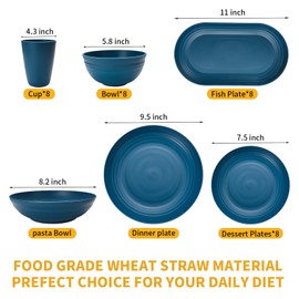 Lazycorner 48-Pcs Kitchen Wheat Straw Dinnerware Set, Service for 8, Plastic Reuasble Dinner Dishes Serving Plate Set for Kitchen, Including Dinner Plate, Dessert Plate, Bowl, Cup(Multicolor)