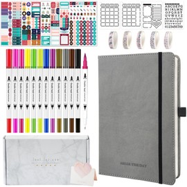 Bullet Dotted Journal Kit - A5 Hardcover Dotted Notebook with 200 Pages, 120GSM Thick Paper, 12 Fineliner Colored Pens, Stickers, Washi Tapes, Correction Tape, Paper Clips, Journaling Kit for Planner Schedule (Gray)