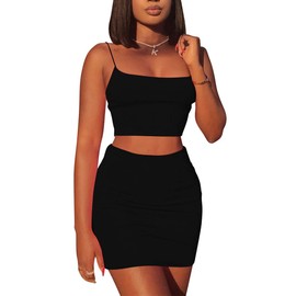 Kaximil Women's Summer 2 Piece Outfits Cami Crop Top Bodycon Skirt Mini Club Dress, Medium, Black