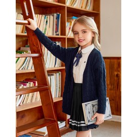 Arshiner Girl's V-Neck Lightweight Cardigan Cotton Knit Sweater Casual Cute Outerwear Navy Blue for 11-12 Years