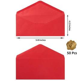 50 Pack #10 Business Envelopes Standard V Flap Invoices Envelopes for Office Checks, Business Letterhead, Letter Mailing 4.13 x 9.49 Inches (Red)