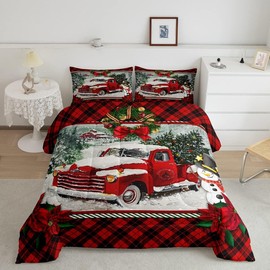 Homewish Christmas Truck Comforter Set King Size Kids Girls Boys Red Plaid Decor Pine Tree Bedding Set 3pcs Winter Snow View Quilt Set Happy New Year Gifts Duvet Insert with 2 Pillowcases
