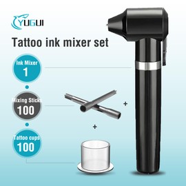 Tattoo Ink Mixer Machine Set - 100Pcs Yugui Ink Mixing Sticks and 100Pcs Tattoo Ink Cups Pigment Mixer Agitator Sticks Black Electric Color Tattoo Mixer Machine for Makeup Eyebrow Color