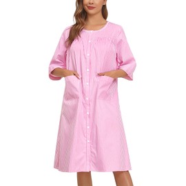 YOZLY Nightgowns for Women Cotton Snap Front Housecoat 3/4 Sleeve Housecoat with Pockets, Stripe Pink, 3X-Large