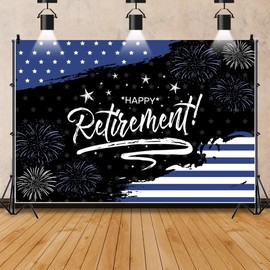 Pnylzzyxh Police Happy Retirement Backdrop Black and Blue Police Theme Party Decorations Blue Line USA Flag Fireworks Congrats Retirement Backdrop Banner Photography Background Studio Props 7x5ft