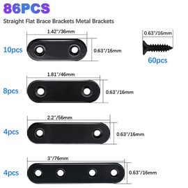 mxuteuk 86pcs Stainless Steel Black Straight Plate Bracket Metal Patch Plate with Screws 36mm/46mm/56mm/76mm G014-ZH