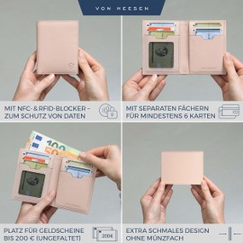 VON HEESEN Men's Leather Wallet with Coin Compartment and RFID Protection, Genuine Leather Wallet for Men and Women, Wallet, rose, Without coin compartment, Without coin compartment