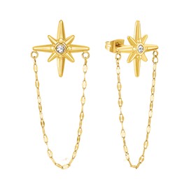 PALBOA Stainless Steel North Star Chain Dangle Stud Earrings, 14K Gold Plated, Hypoallergenic, Lightweight for Women, 1.24g