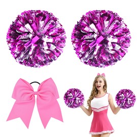 Pack of 3 Cheerleader Pompoms, Cheerleader Pompoms, Pink, Sports Pompoms, Cheers Ball Pompoms, 2 Pompoms + Hair Band, Metallic Foil Pom Poms Dance Pom for Dance Party, Sports, Competition, Team Ghost