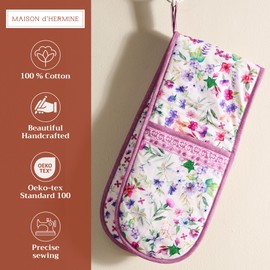 Maison d' Hermine Double Oven Mitts 100% Cotton 18cm x 89cm Double Oven Mitt BBQ Cooking Gloves with Loop for Baking, Grilling, Home, Handling Hot Pans, Chardon - Spring/Summer