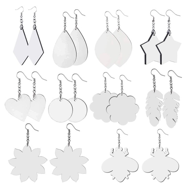 Allazone 10 Pairs Sublimation Blank Earrings, 10 Shapes Sublimatable White