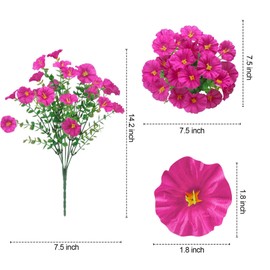 Ouddy Decor 24 Bundles Artificial Flowers for Outdoors Decoration Fake Silk Morning Glory Flowers Faux Eucalyptus Plants UV Resistant for Porch Patio Garden Spring Summer Home Decor, Fuchsia
